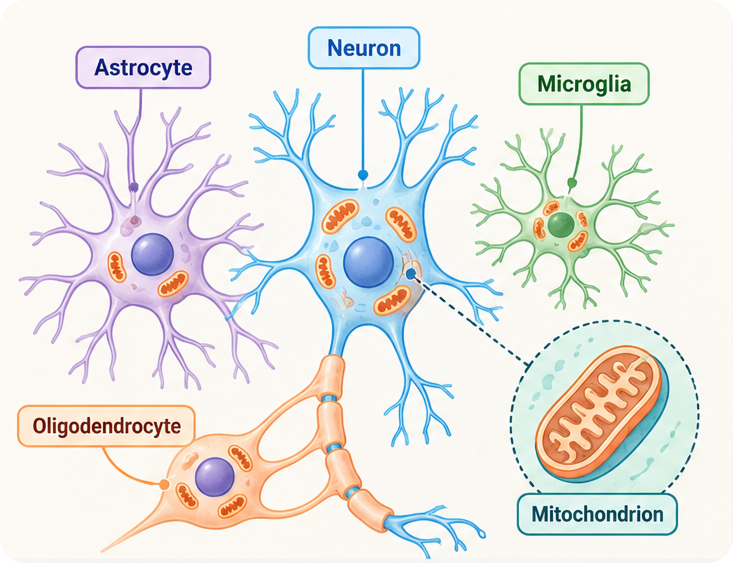 Illustration of a neuron, astrocyte, microglia, and oligodendrocyte, each containing mitochondria, with a zoomed-in mitochondrion