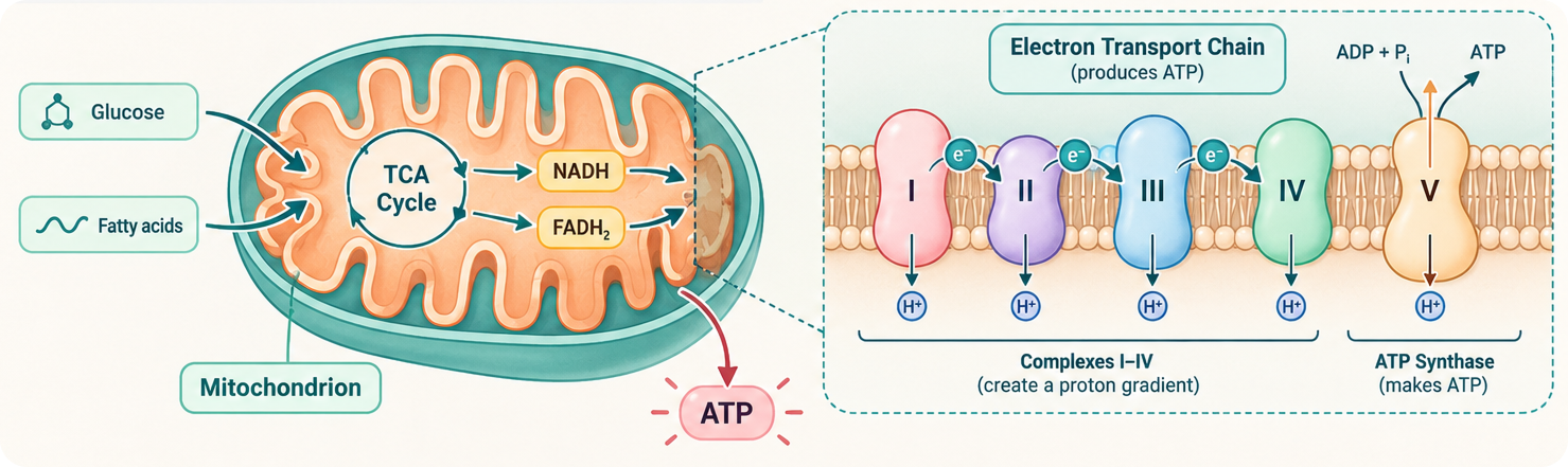 Diagram of a mitochondrion converting glucose and fatty acids through the TCA cycle into ATP, with the electron transport chain showing Complexes I through IV building a proton gradient and ATP synthase producing ATP